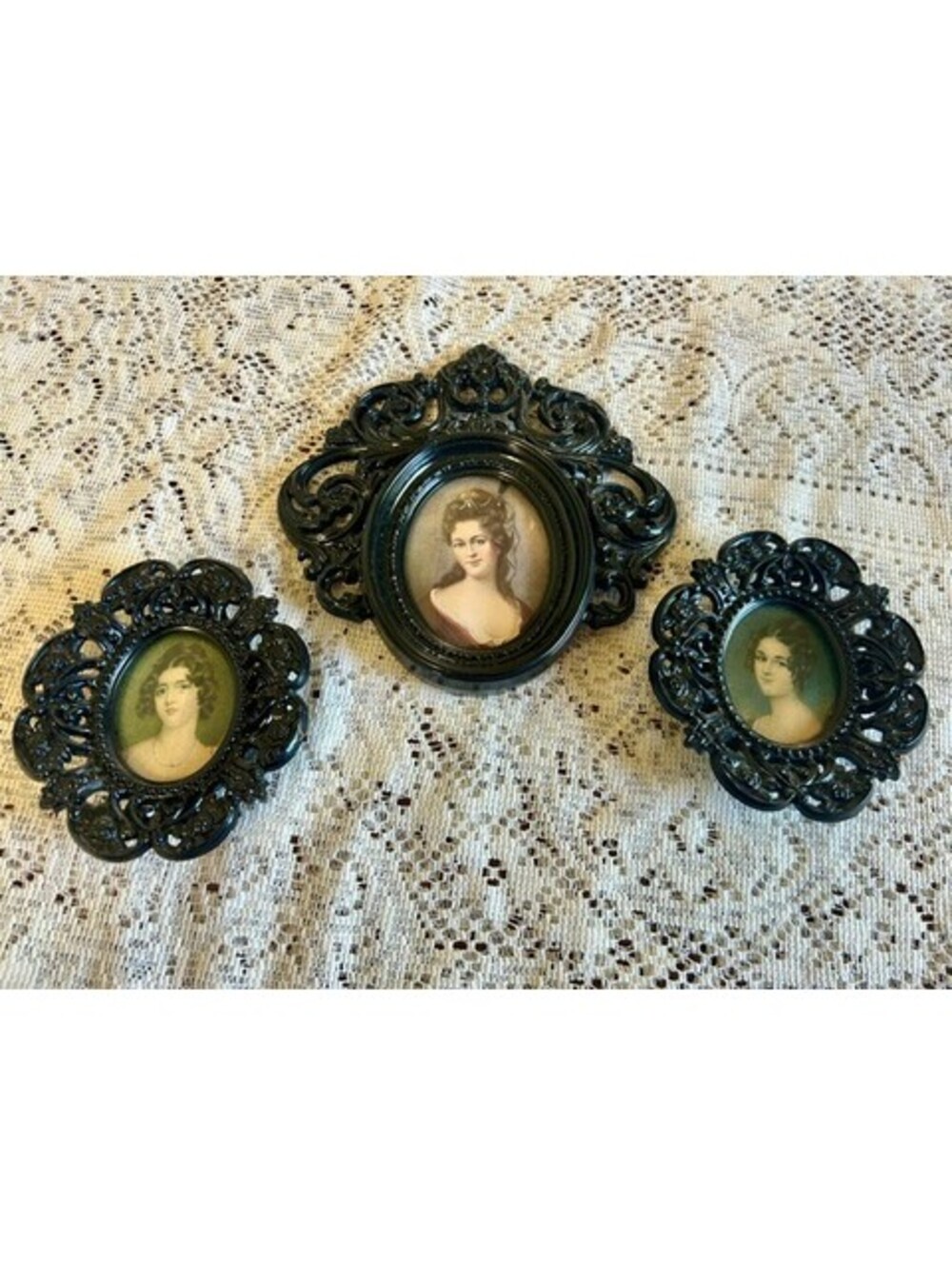 Antique Set of 3 Framed Portrait Hanging Pieces Historical Women